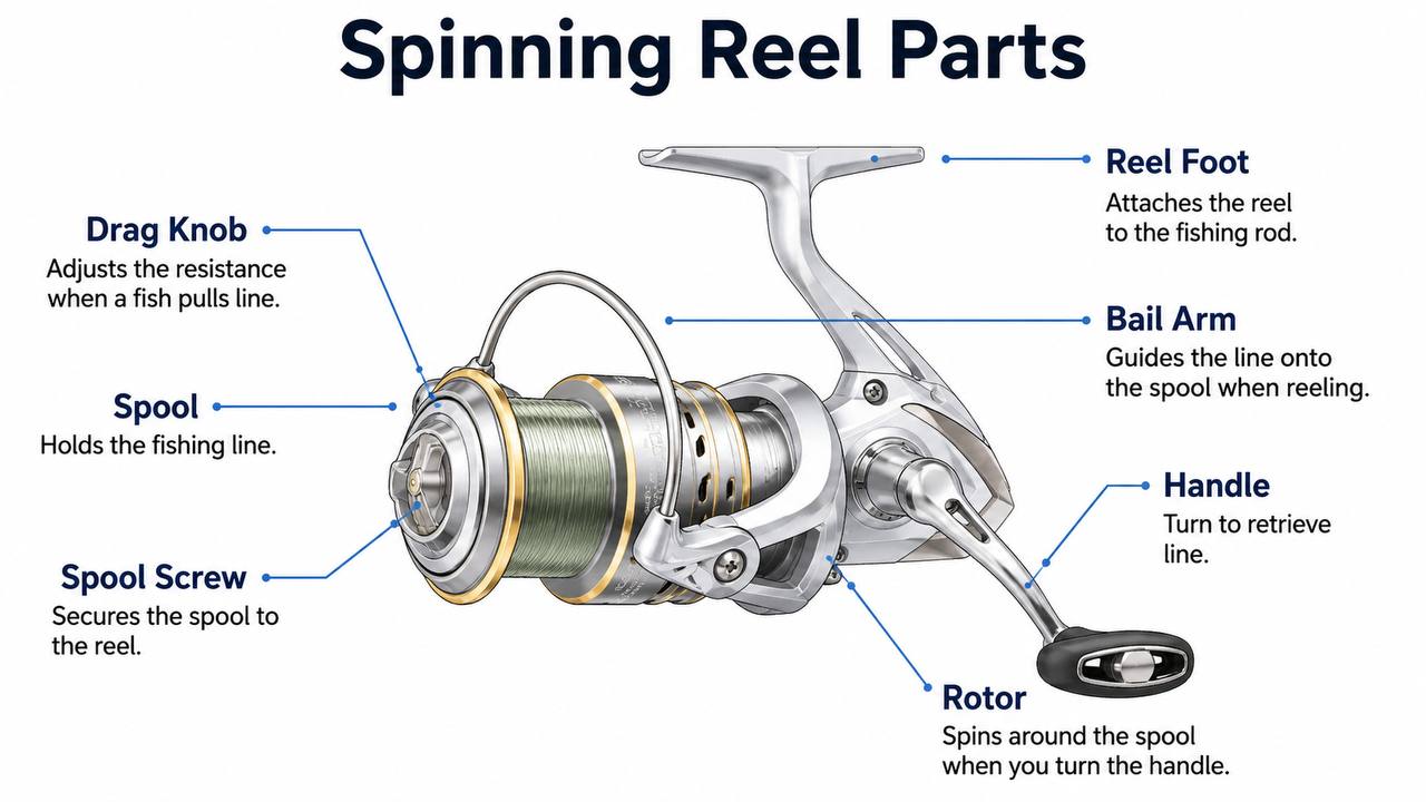 Labeled diagram of a spinning reel showing the drag knob, spool, bail arm, handle, rotor, line outlet, reel foot, and spool screw