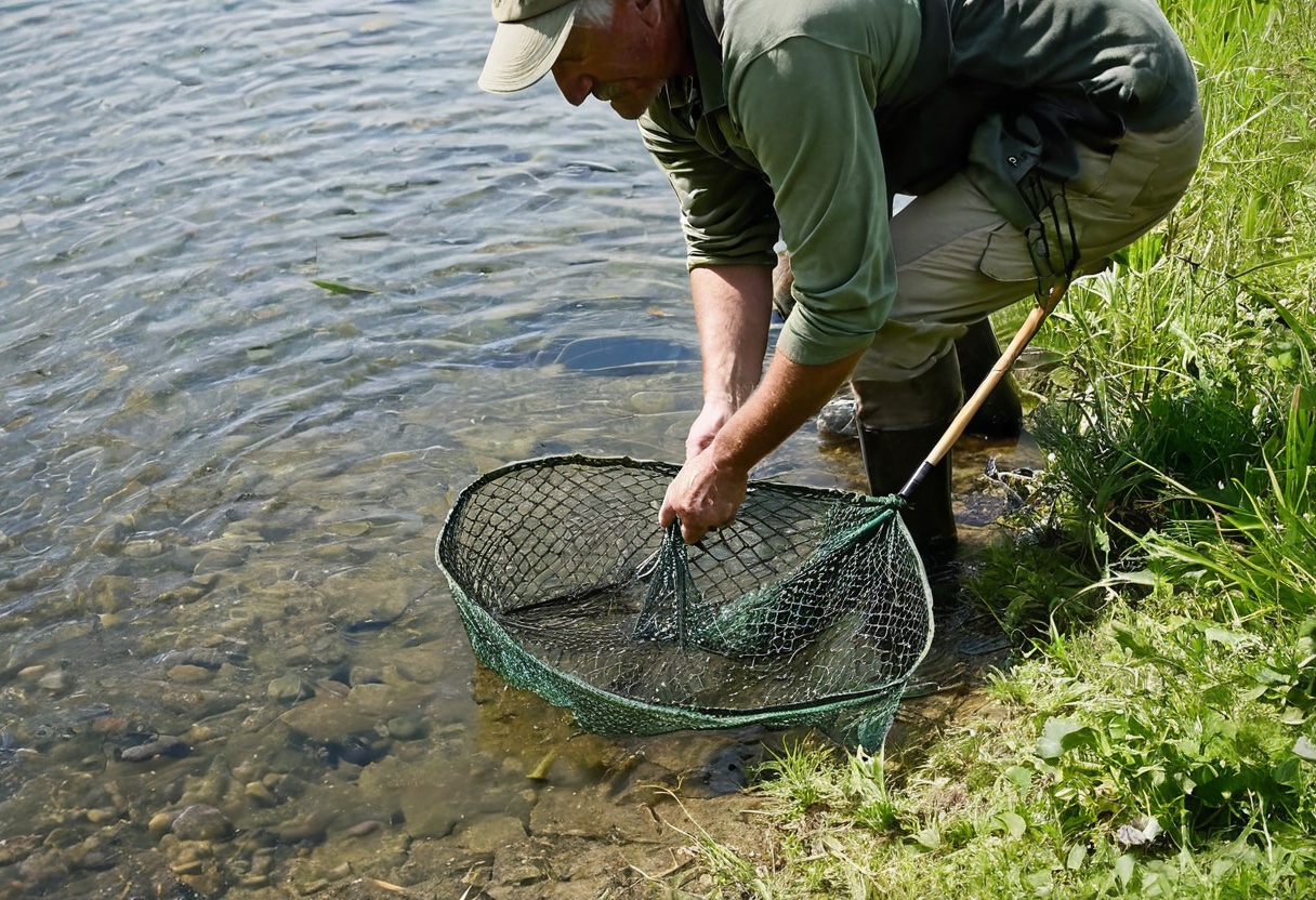 Angler using a landing net to scoop a fish from shallow water at the edge of a pond