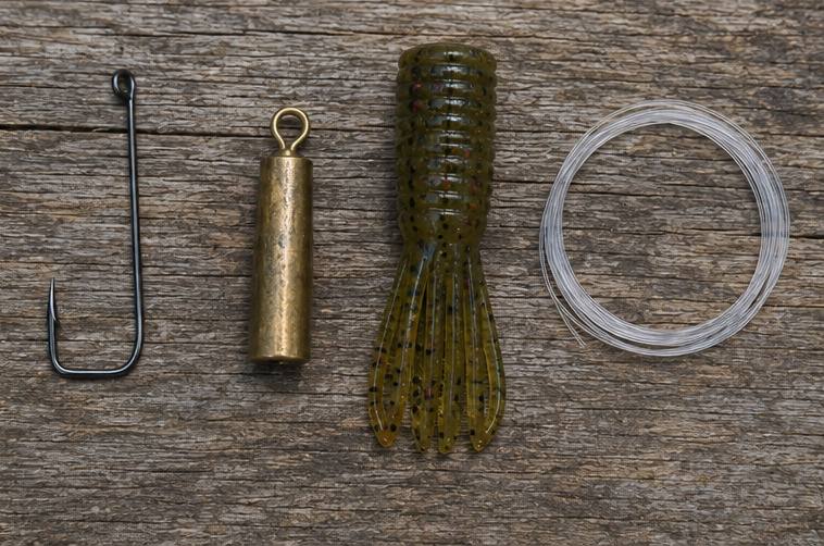The essential drop shot components — the specialized hook and weight are what make this rig work