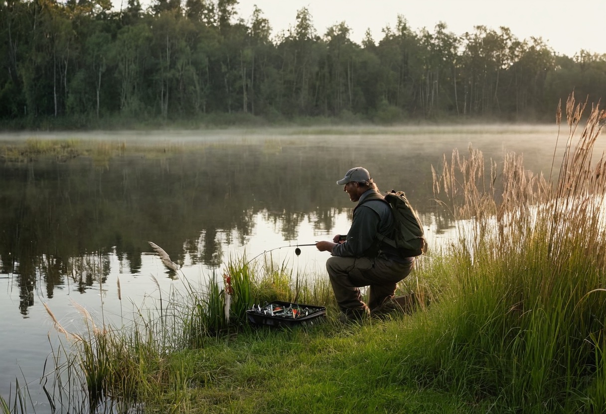 Angler choosing the right lure from an organized tackle bag at the water's edge