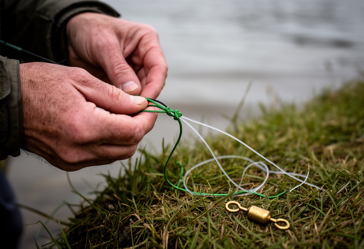Close-up of hands tying a fishing leader knot at a lake shore