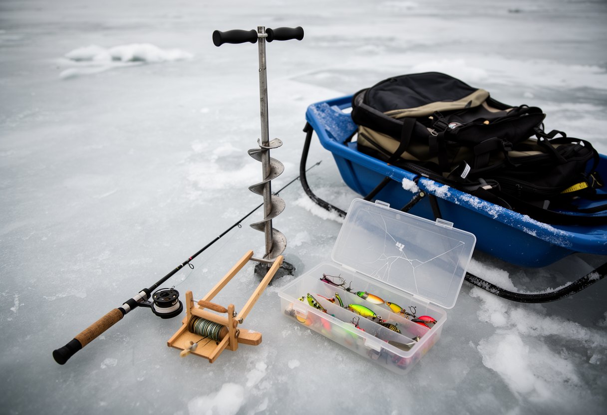 Ice fishing equipment including a hand auger, ice fishing rod, tip-up device, tackle box, and sled on a frozen lake