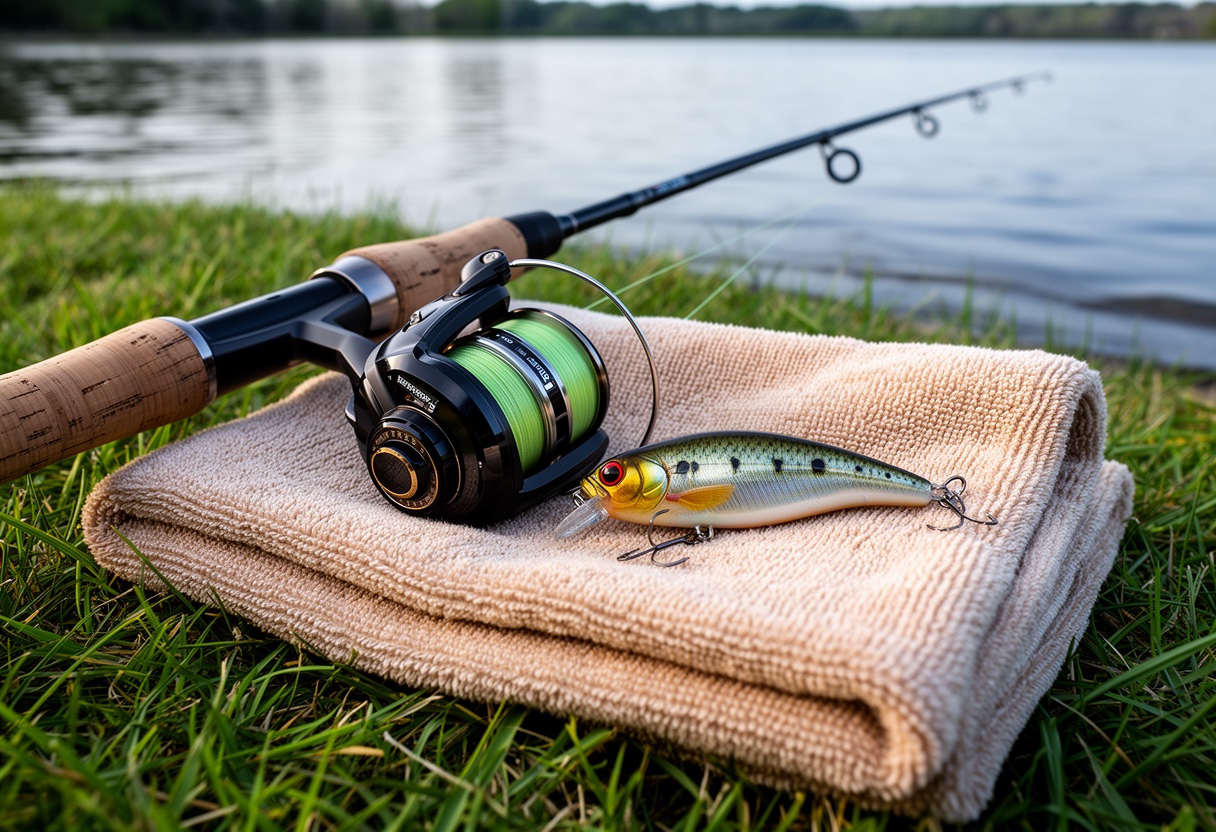 Rod and reel setup with jerkbait on grass