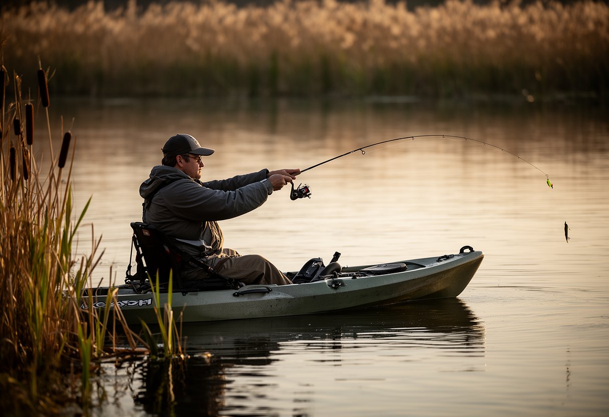 Angler making a sidearm cast from a fishing kayak on calm lake water