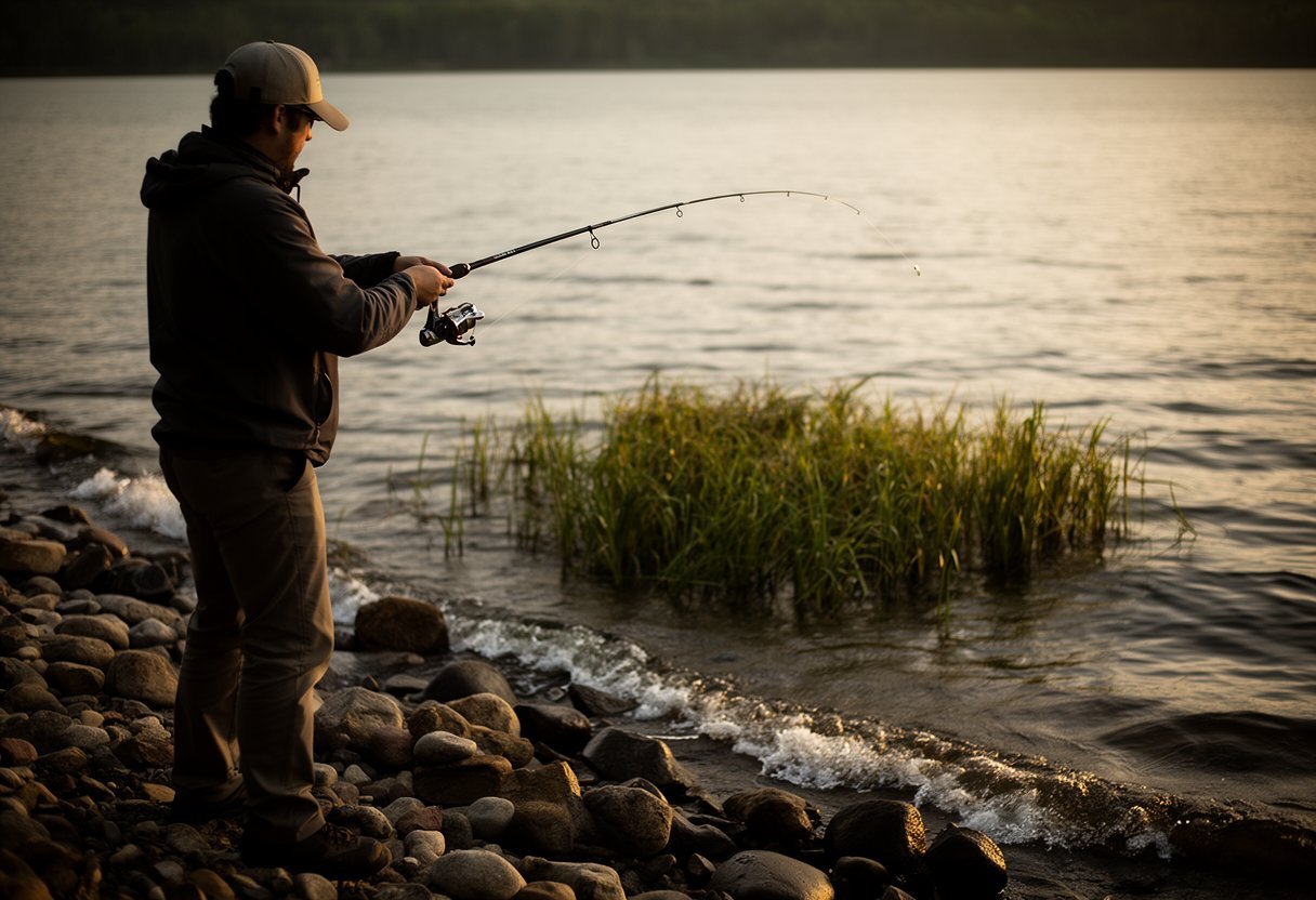 Angler fishing from a rocky lake shore with a spinning rod, targeting the edge of a weed bed