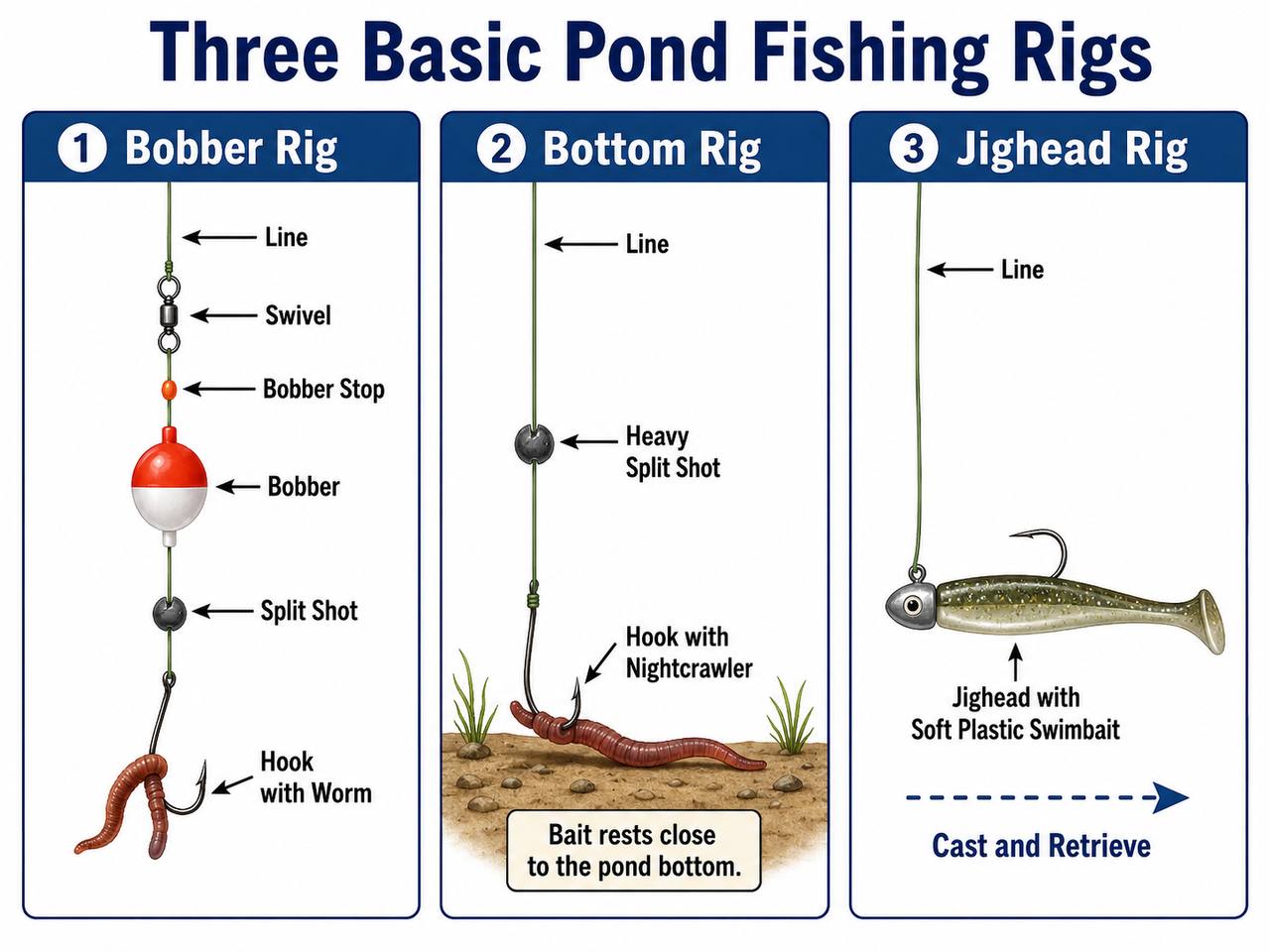 Diagram showing three basic pond fishing rig setups: bobber rig, bottom rig, and jighead rig with labeled components