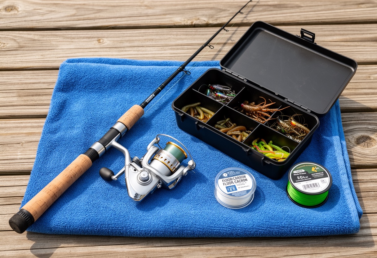 Smallmouth-specific gear arranged on a blue towel: light-medium spinning rod, reel, braid spool, fluorocarbon leader, tackle box.