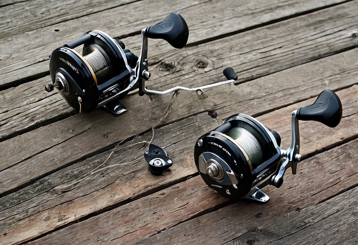 Three types of fishing reels side by side: spincast (closed face), spinning (open face), and baitcasting