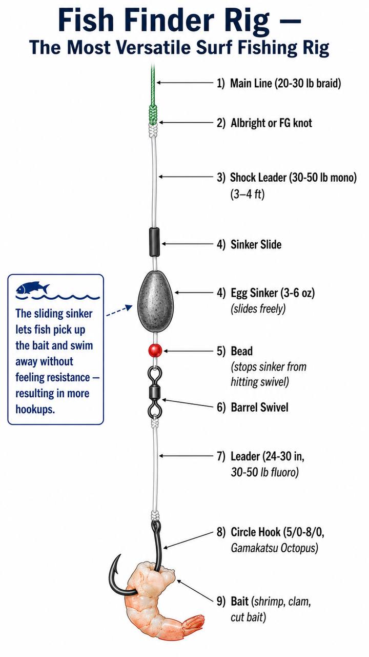Technical diagram of a fish finder rig showing all components: sinker, bead, swivel, leader, and circle hook