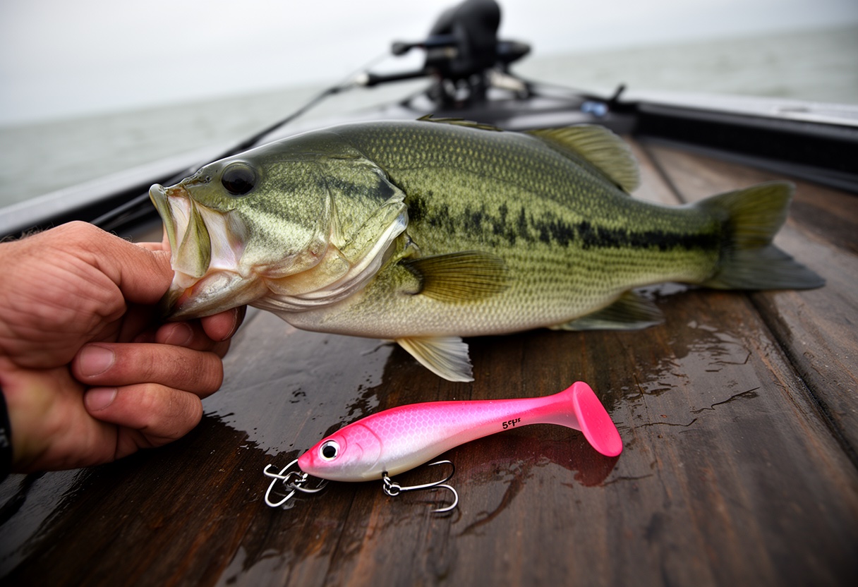 Caught largemouth bass shown next to a paddle tail swimbait for size reference