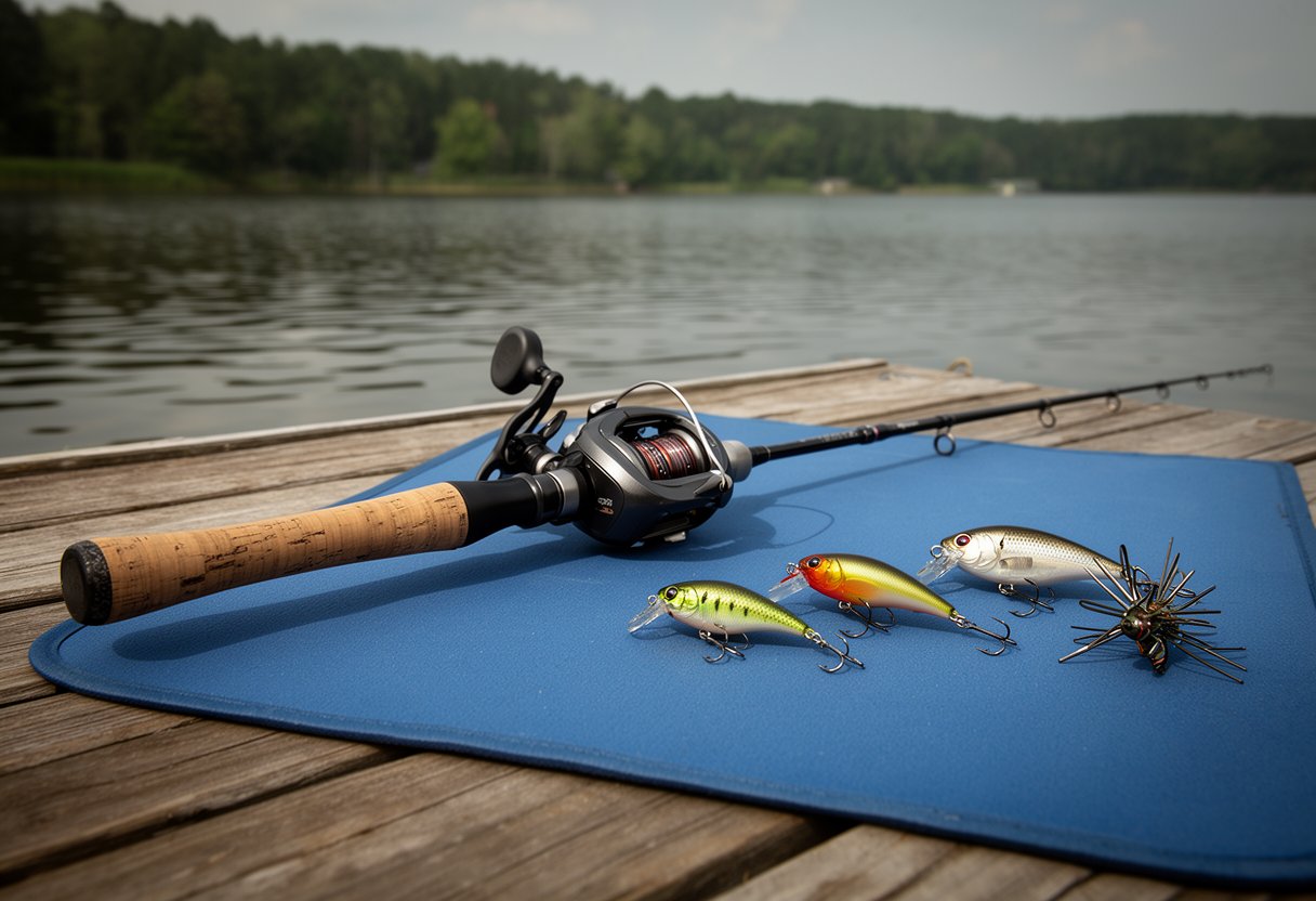 Spinning rod and reel setup with topwater lures arranged on a tackle mat near lake water