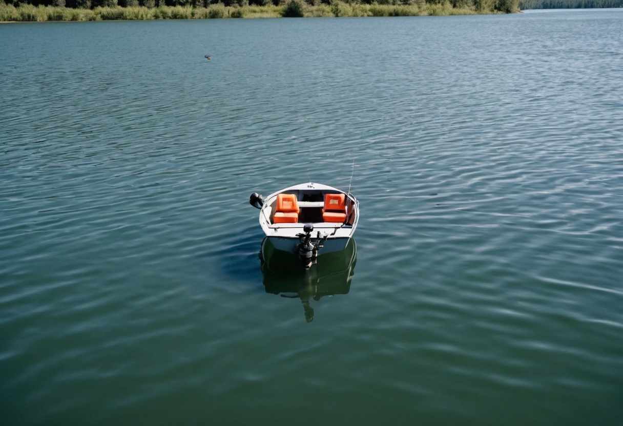 Small aluminum fishing boat on calm water with two orange life jackets visible on seats