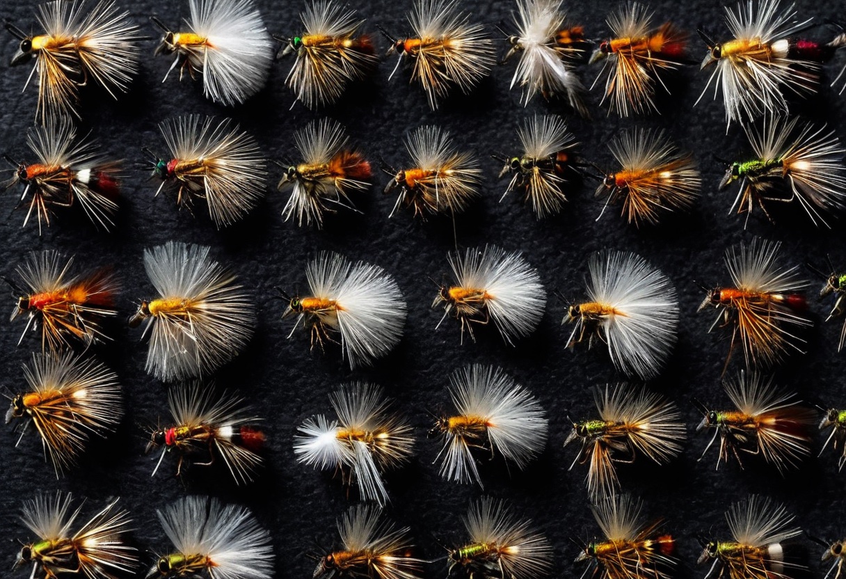 Selection of basic trout flies including dry flies, nymphs, and streamers on dark surface