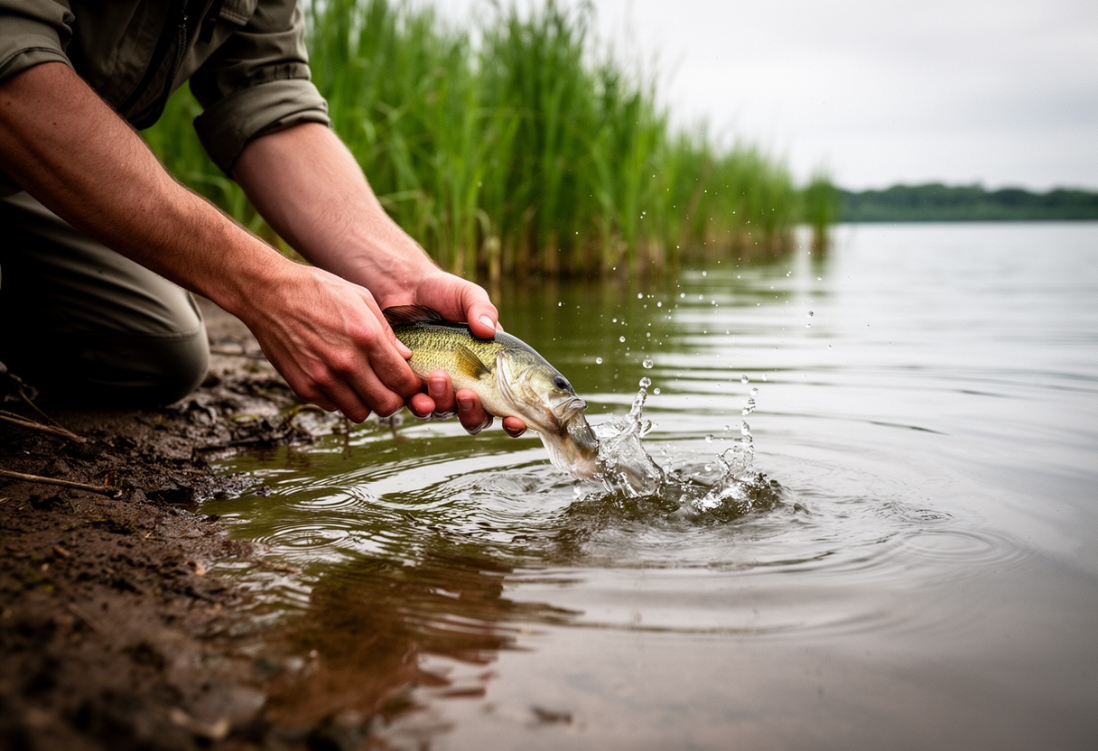 An angler gently releasing a fish back into calm water at the shore
