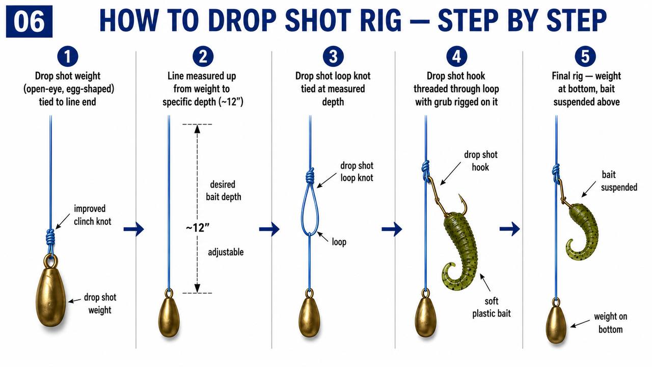 Step-by-step diagram showing how to tie and rig a drop shot
