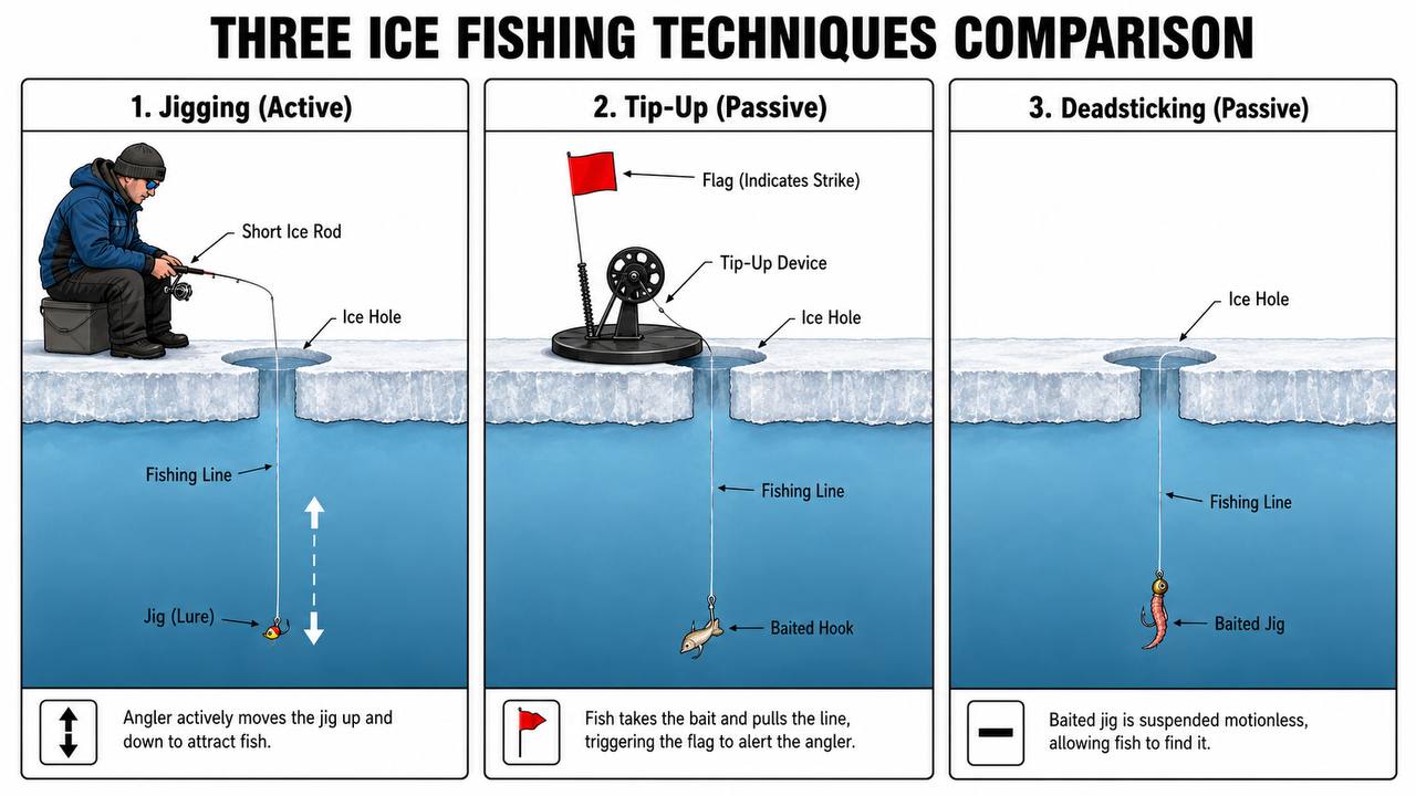 Comparison diagram showing three basic ice fishing techniques: jigging, tip-up fishing, and dead-sticking with key differences