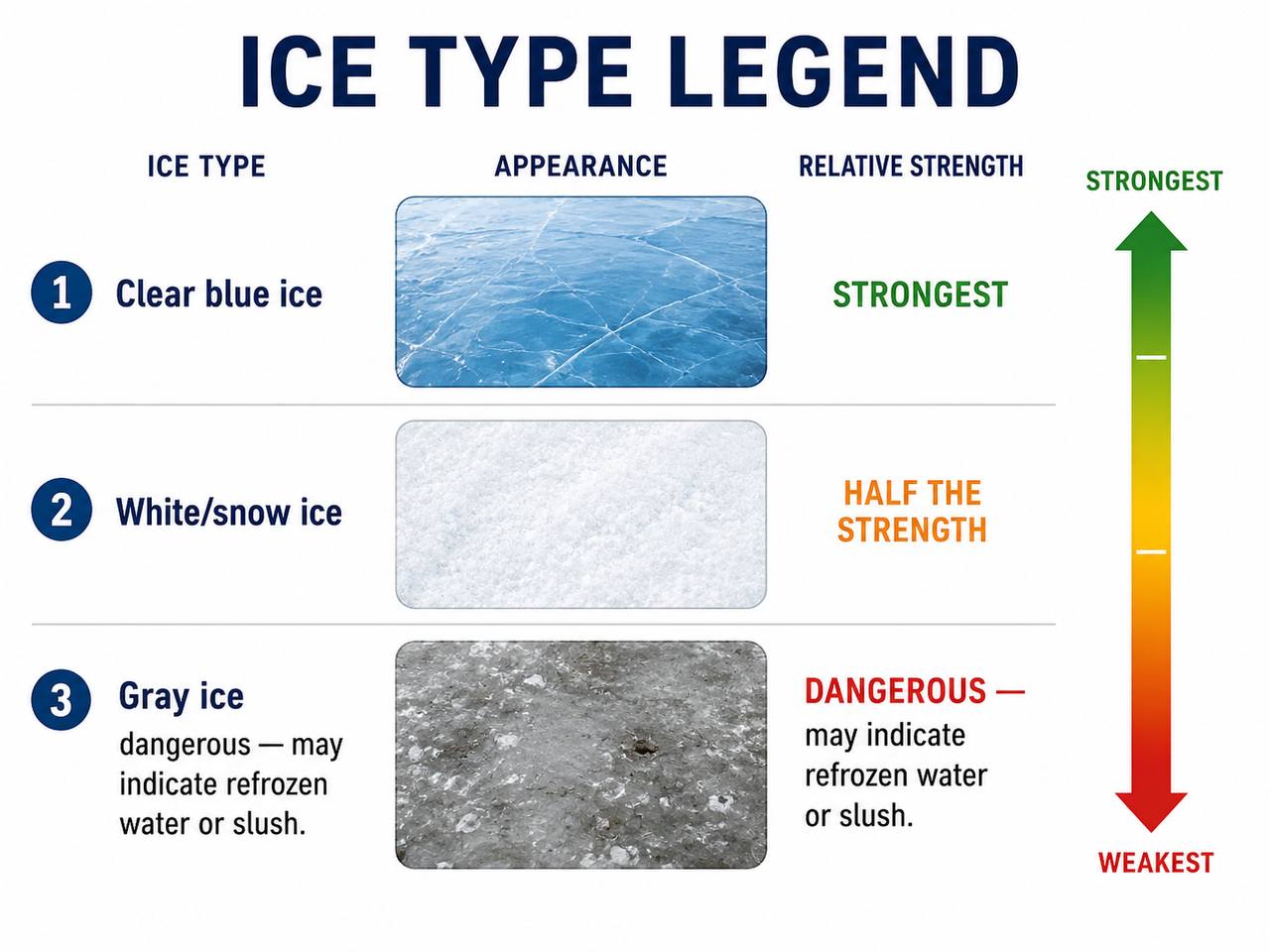 Visual guide showing the difference between clear/blue ice, snow/rotten ice, and opaque white ice with safety ratings
