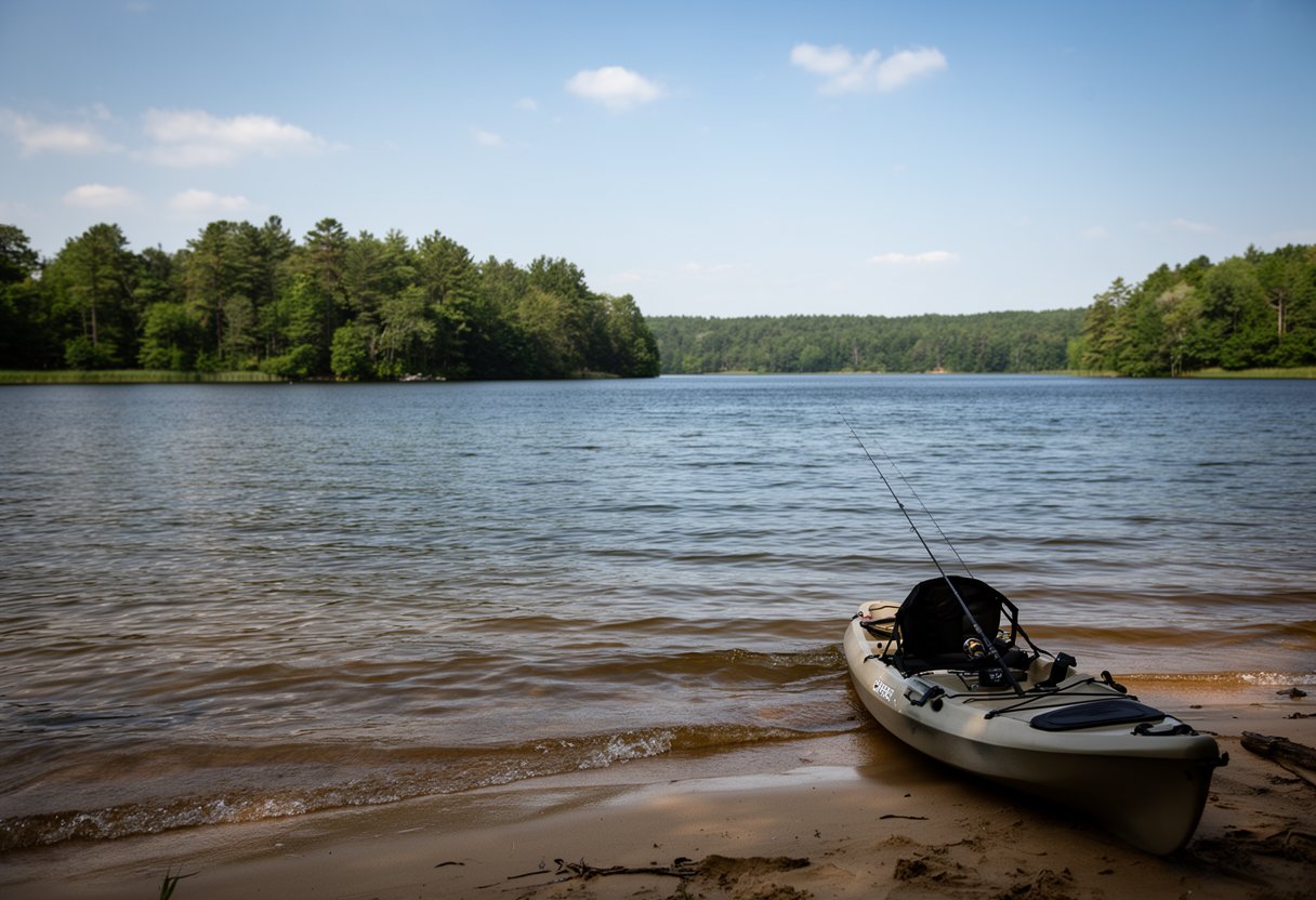Calm lake near tree-lined shore — ideal beginner location