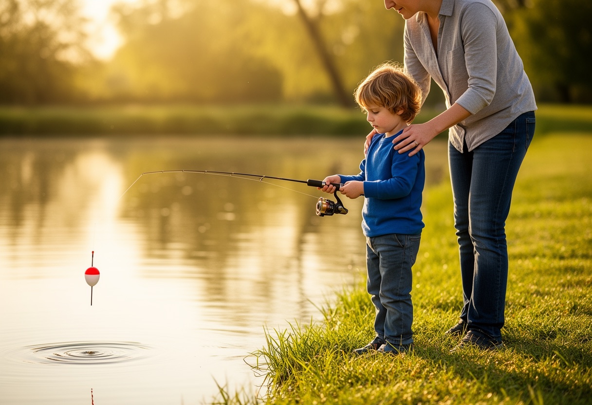 A young child happily holding a fishing rod on a sunny day at a pond with a parent beside them