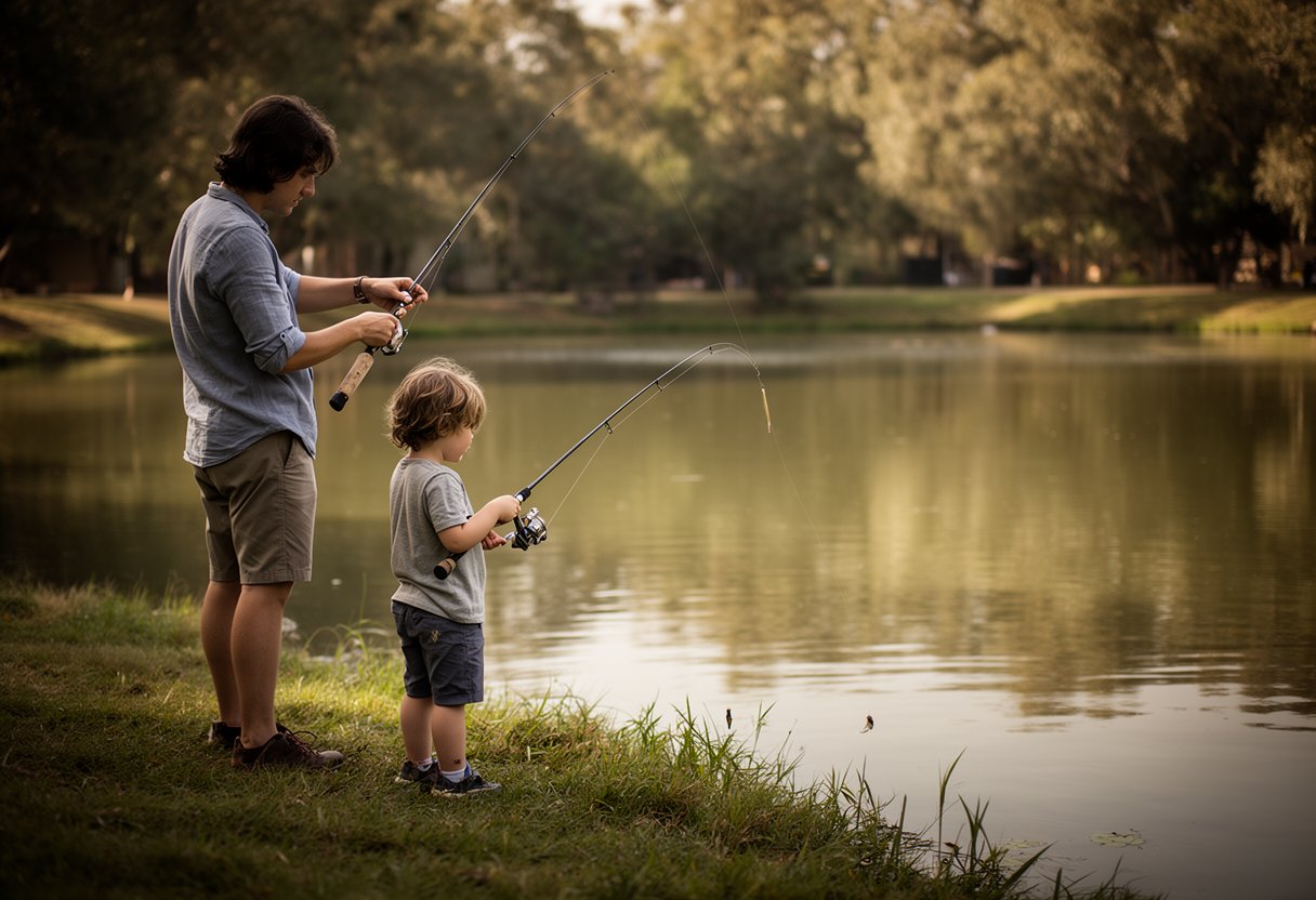 A parent and child fishing together at a pond, both holding spinning rods