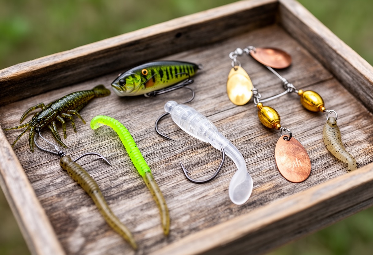 Overhead view of smallmouth-specific lures: football jig, tube bait, grub, spinnerbait, and drop-shot grub in natural colors.