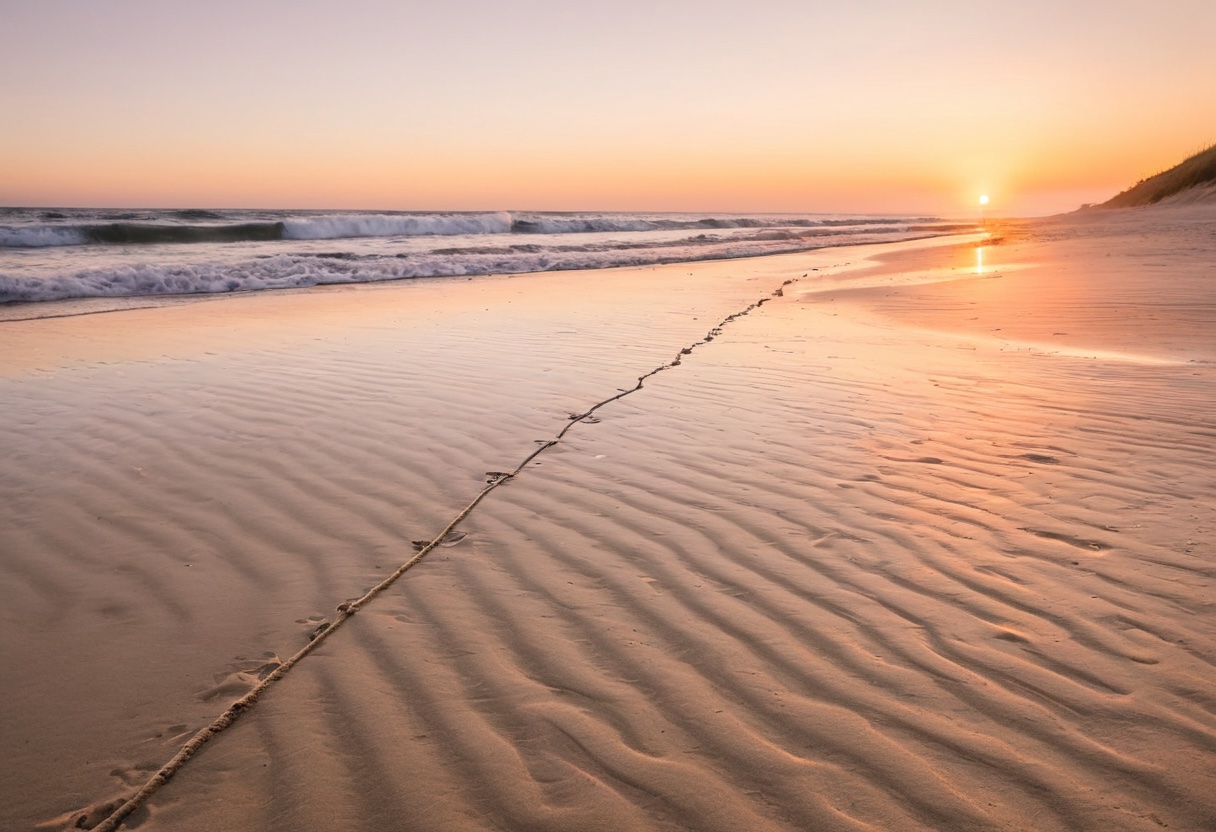 Surf fishing rods set up on sand spike holders on a beach at sunrise, waves breaking in the distance