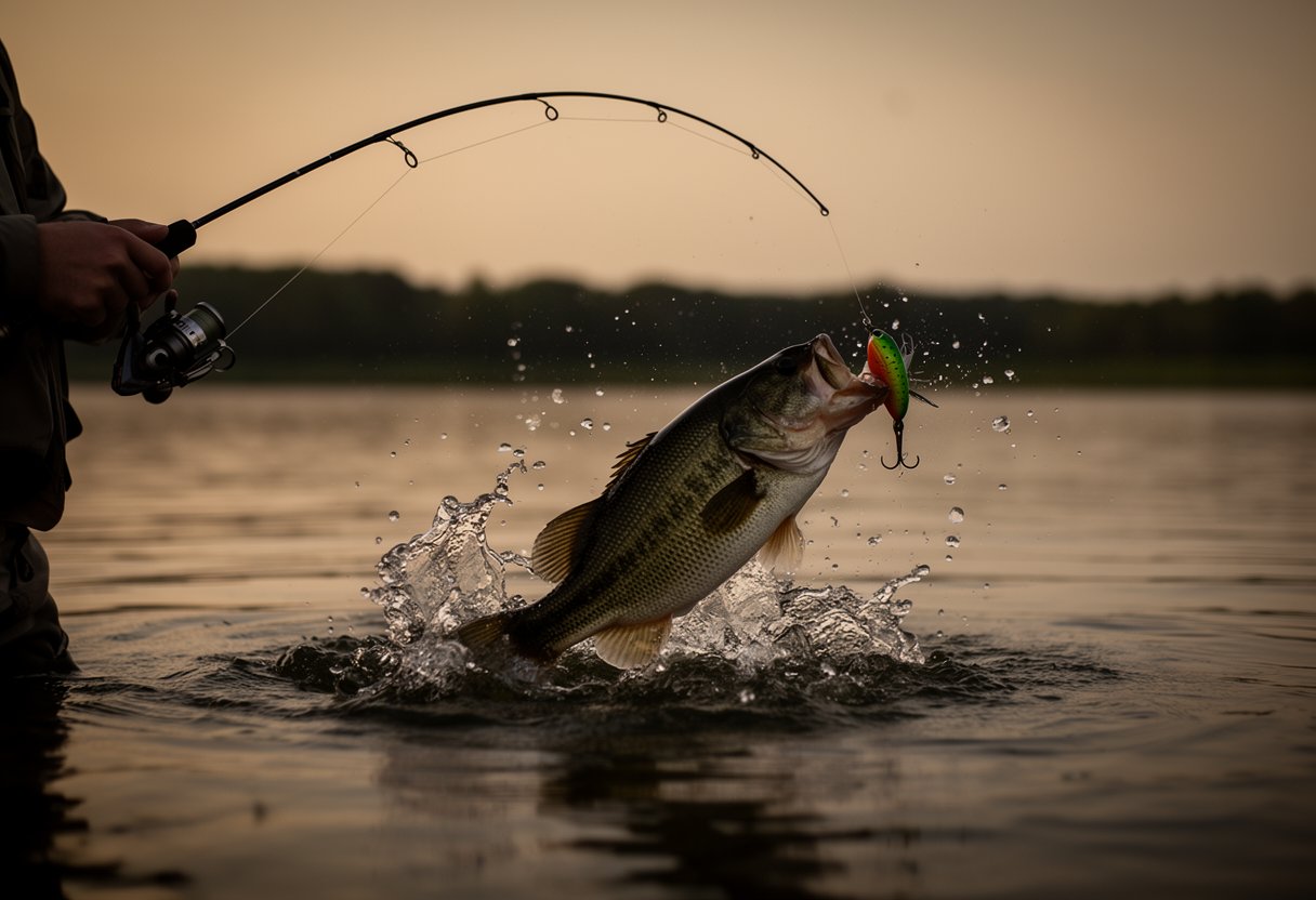 Large bass striking a topwater lure at dusk creating a dramatic surface explosion with anglers rod bent