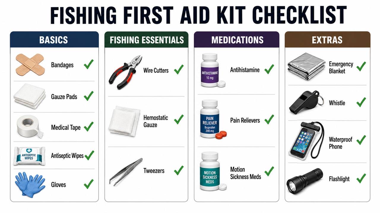 Illustrated checklist diagram showing fishing first aid kit contents organized by category