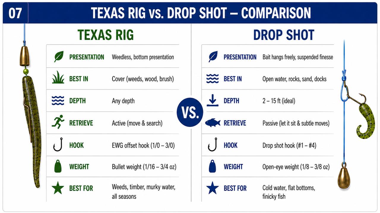 Side-by-side comparison chart of Texas rig and drop shot rig setups