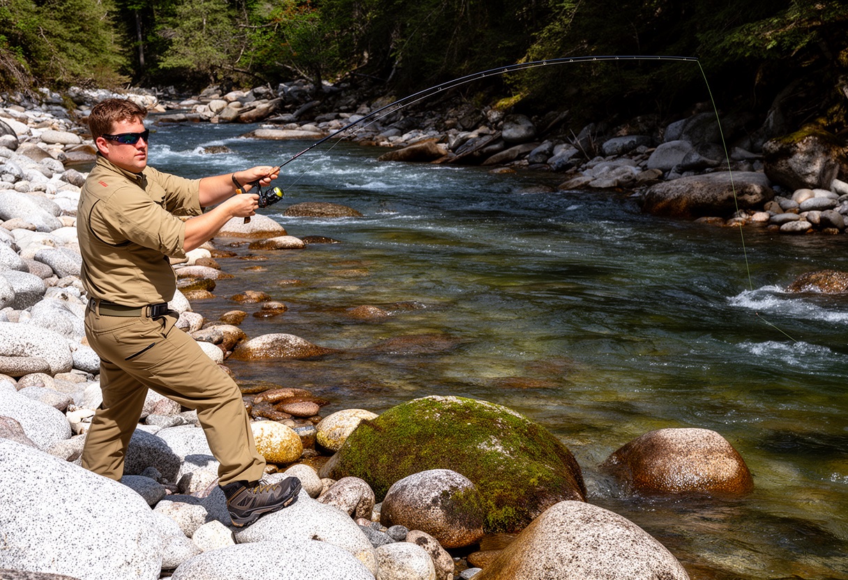 Angler casting across current toward a rocky break in a clear river — smallmouth fishing technique.
