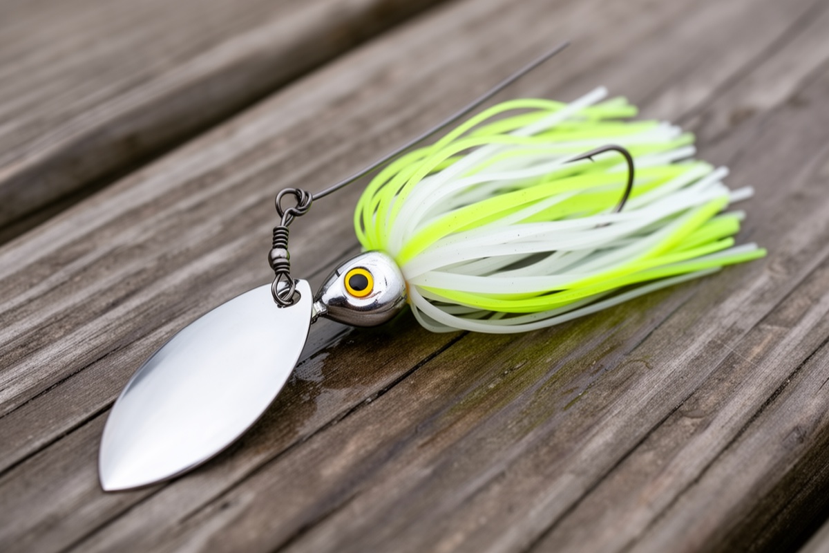 Close-up of a spinnerbait showing the blade, wire arm, rubber skirt, protective wire hood, and single hook