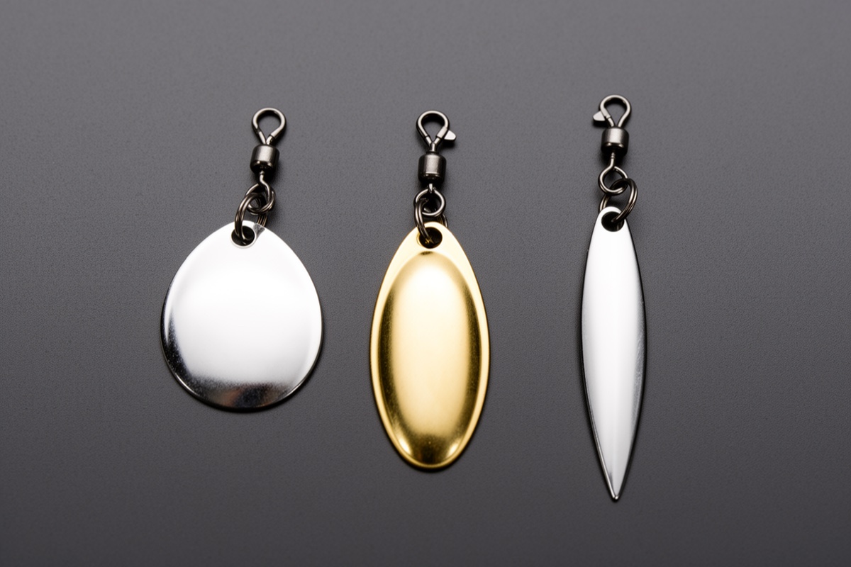 Three spinnerbait blades side by side showing the round Colorado, oval Indiana, and narrow Willow Leaf shapes