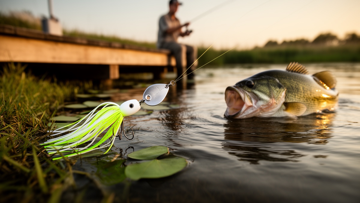 Spinnerbait trailing through the water surface near heavy cover with a bass striking behind it