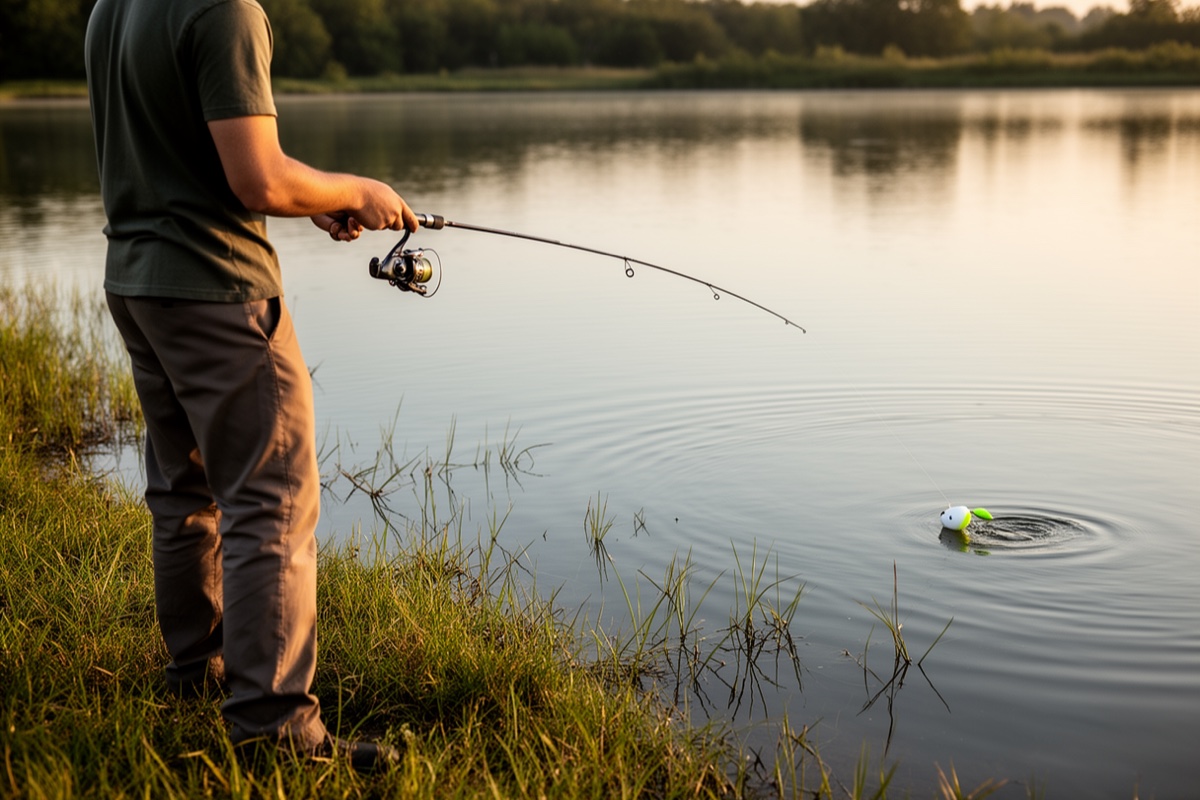 Angler fishing from a bank with rod angled low for a steady spinnerbait retrieve, wake visible on the water surface