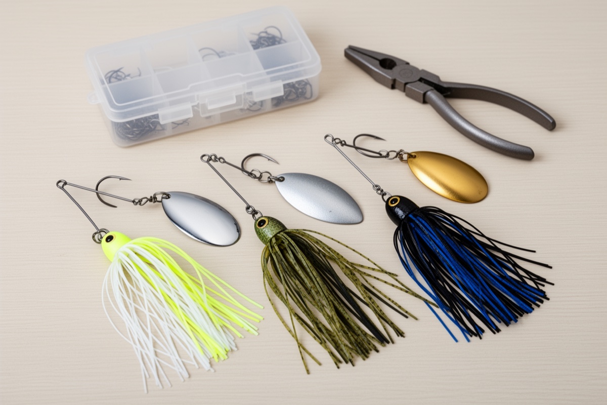 Three spinnerbaits in different colors and blade types arranged on a neutral background with tackle accessories