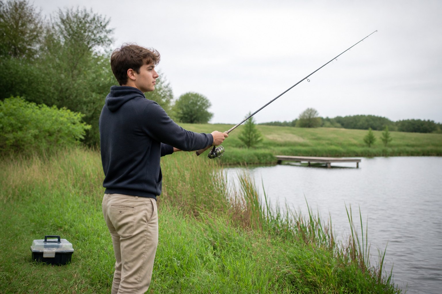 New angler standing at a pond bank holding a light spinning rod with tackle on the grass