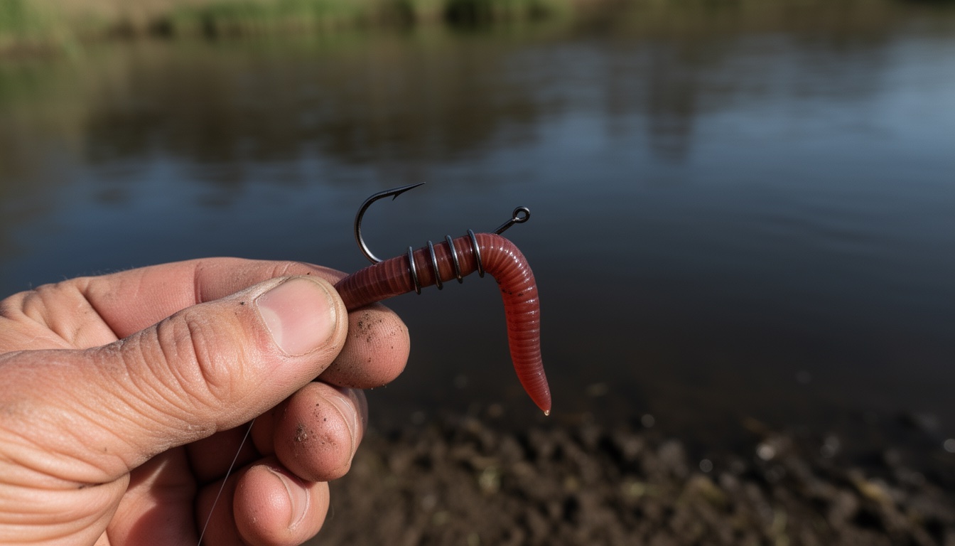 A live nightcrawler threaded onto a fishing hook using the full-body threading method