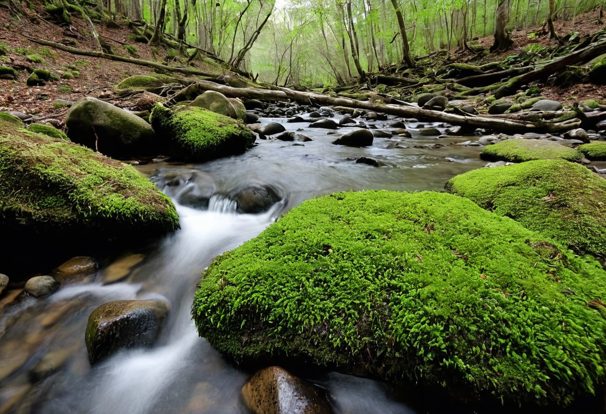 Clear creek flowing through a rocky forest bed