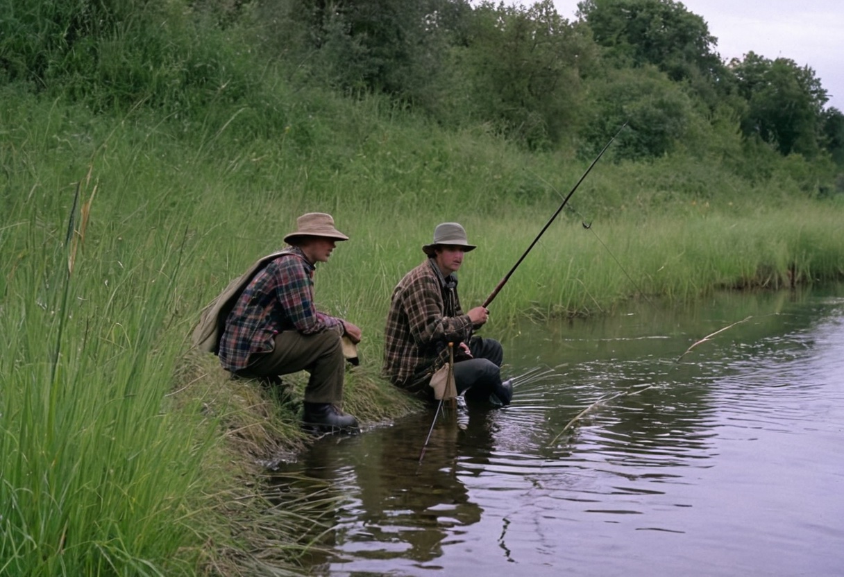 Two anglers fishing from a grassy bank with space between them