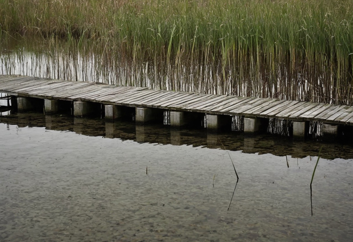 A wooden dock with pilings rising from a calm lake