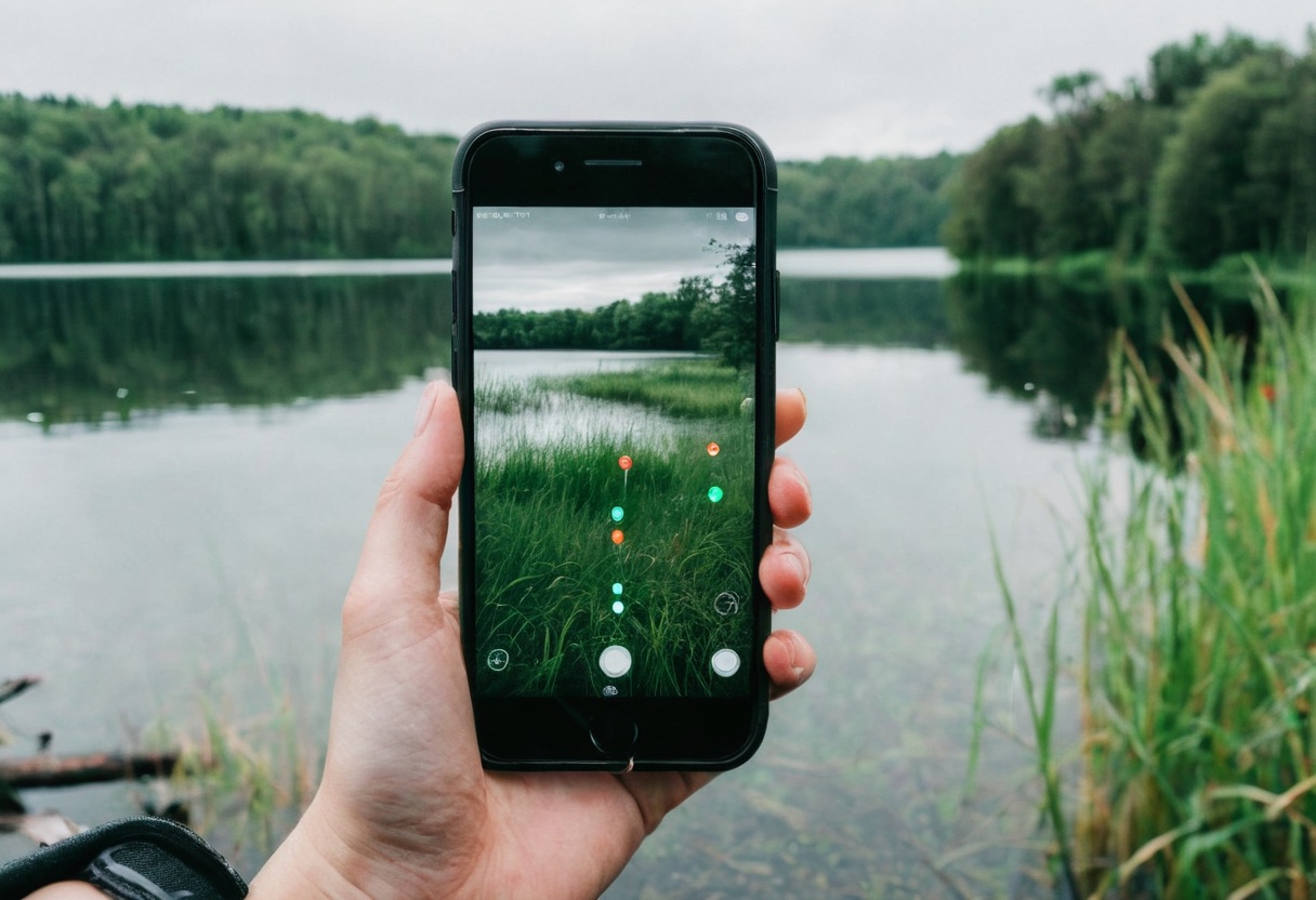 A smartphone showing a fishing-spot map app over a lake