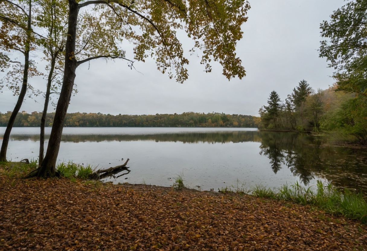Tranquil freshwater lake surrounded by trees and grassy shoreline in calm morning light