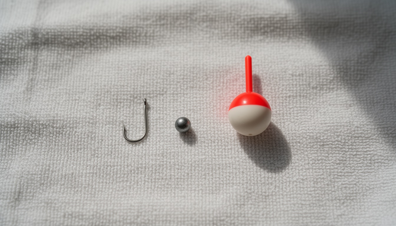 A hook, a split-shot sinker, and a bobber laid out in a row on a light towel