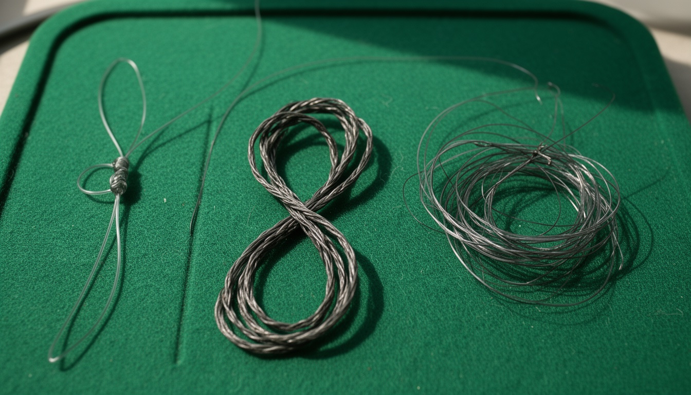 Close-up of knotted monofilament fishing line showing a tight loop knot decoding=