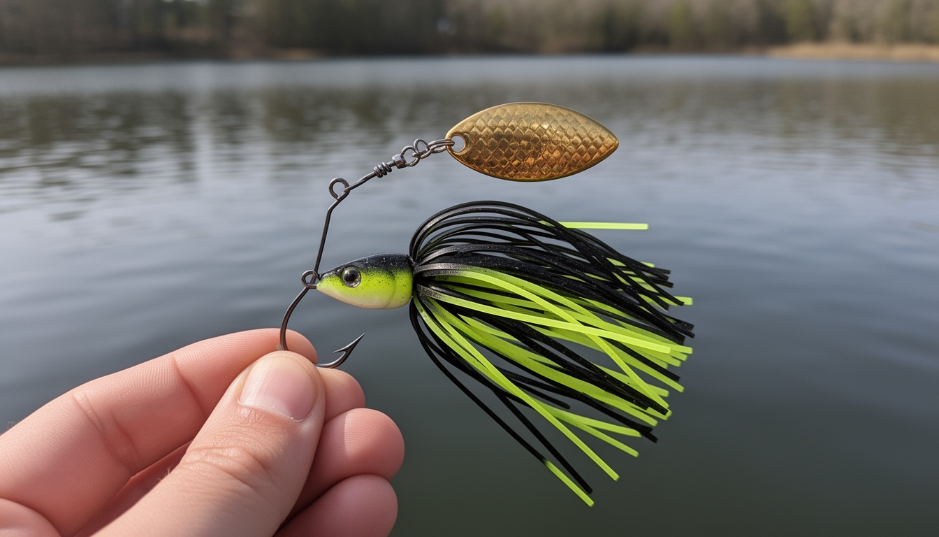 Spinnerbait lure close-up showing Colorado blade and soft plastic skirt