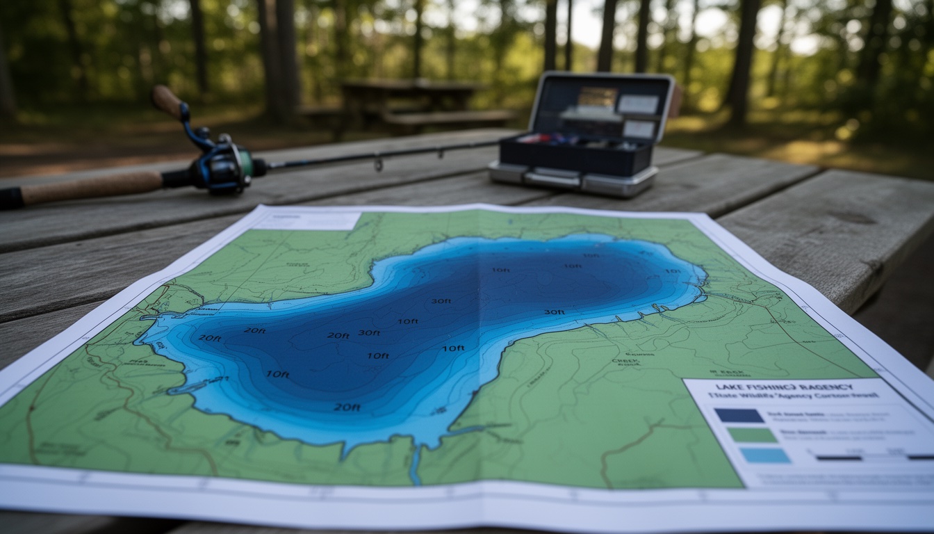 A printed lake fishing map showing contour lines and depth markers