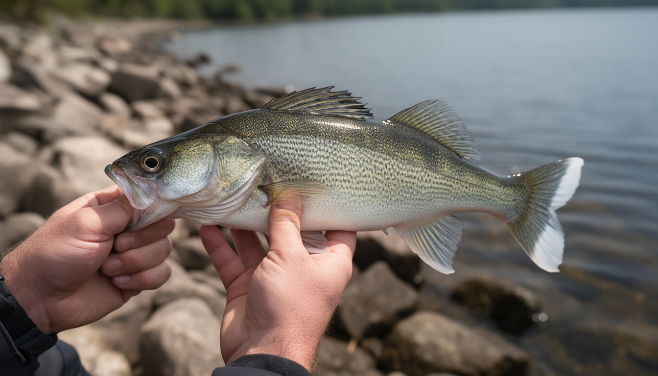 Freshly caught walleye showing silver-green scales and white-tipped tail