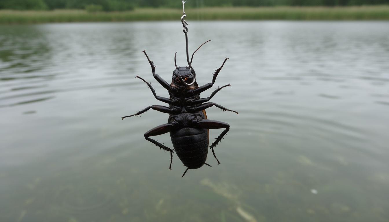 A live black field cricket hooked through the collar behind the head, legs kicking above clear water