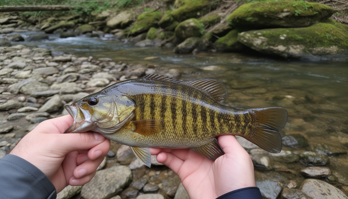 Smallmouth bass caught from a creek held above rocky stream bed