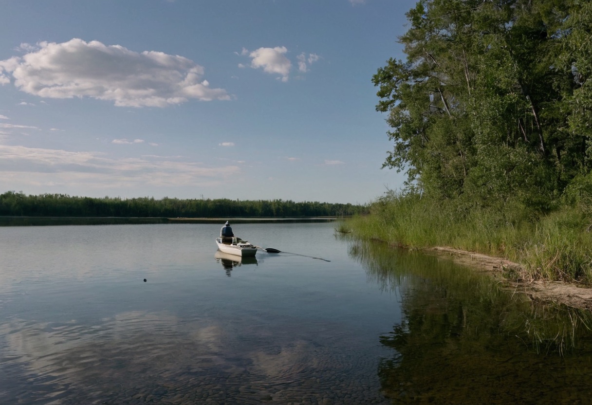 Small boat idling at a distance from a bank angler on the shoreline